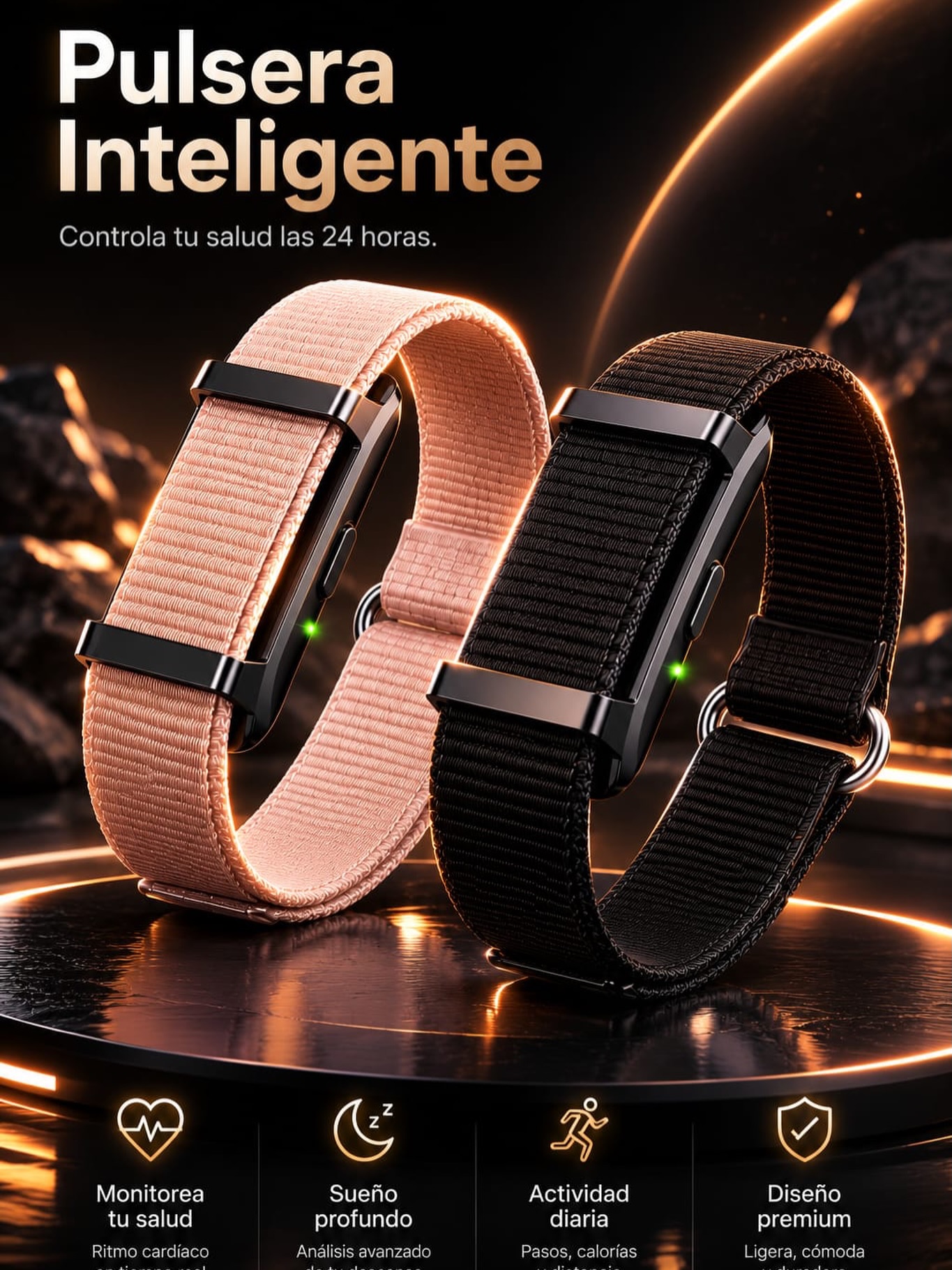 PULSERA INTELIGENTE

Dos mallas diferentes tamaños
Cable de carga
Colores: negro y rosa

APP GRATUITA Compatible con iOS y ANDROID

Duración de la carga (30 días promedio)

✔️ Monitoreo de salud y parámetros biometricos.

 - Frecuencia cardíaca 
 - Oxígeno en sangre
 - Gestión de estrés 
 - Temperatura corporal
 - recordatorios de salud (sedentarismo e hidratacion)
 - Seguimiento del ciclo menstrual

✔️ Análisis detallado del sueño

 - Desglose de fases (sueño profundo, ligero, REM y período despierto)

✔️ Registro de actividad física y deporte

 - Conteo de pasos
 - Calorías quemadas
 - Distancia recorrida
 - Registro de ejercicio para más de 100 deportes 

✔️ Funciones inteligentes y conectividad

 - Disparador remoto de cámara fotográfica 
 - Sincroniza con otras app de salud
 - Informe de análisis de salud con IA propia